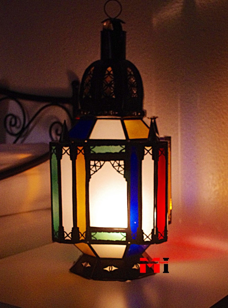 Moorish Design Genuine Moroccan Aged Metal/Stained Glass Table Lamp/Floor Lamp/Chandelier