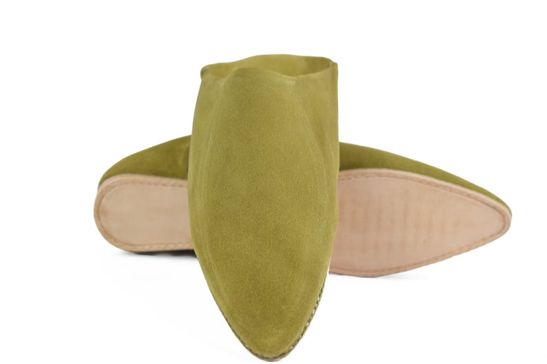 Moroccan babouches, Moroccan Olive Green suede slippers, bedroom shoes, Soft Slippers