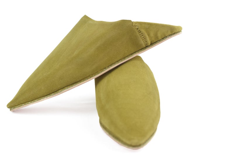 Moroccan babouches, Moroccan Olive Green suede slippers, bedroom shoes, Soft Slippers