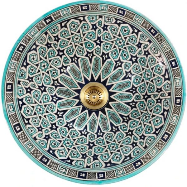 Painted Inside Out Fez/Rabat Green Ceramic Hand Painted Moroccan Bathroom Sink Basin Round Di 40 cam H 16 cm