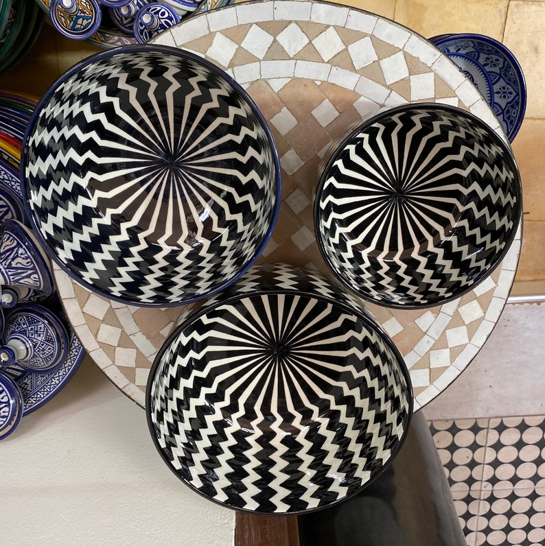 Fes black and white ceramic salad bowl
