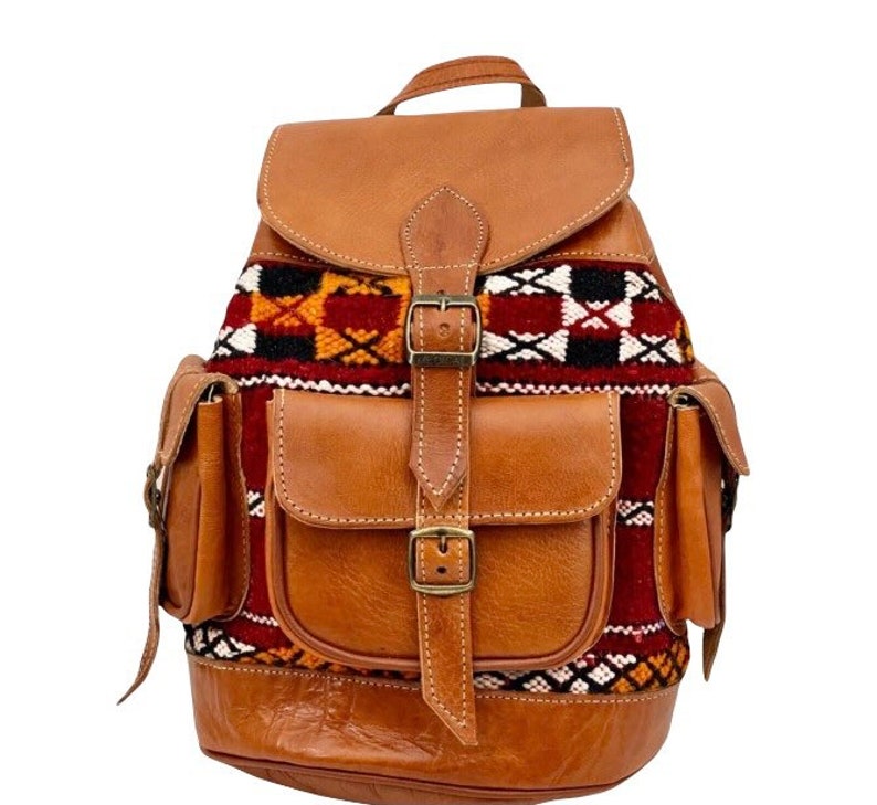 Leather Genuine backpack Brown and kilim