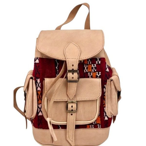 Beige Moroccan Backpack in genuine leather and kilim