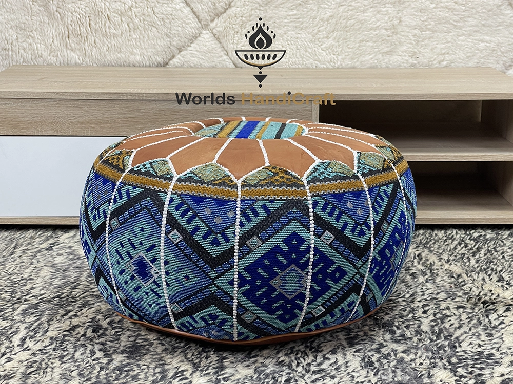 Blue/Brown Genuine Leather Moroccan Pouf Leather