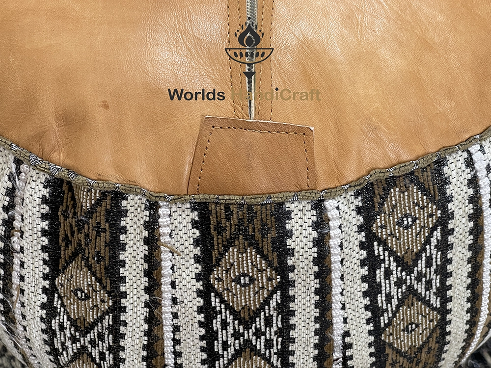 Azilal Genuine Leather Tissu Moroccan Pouf
