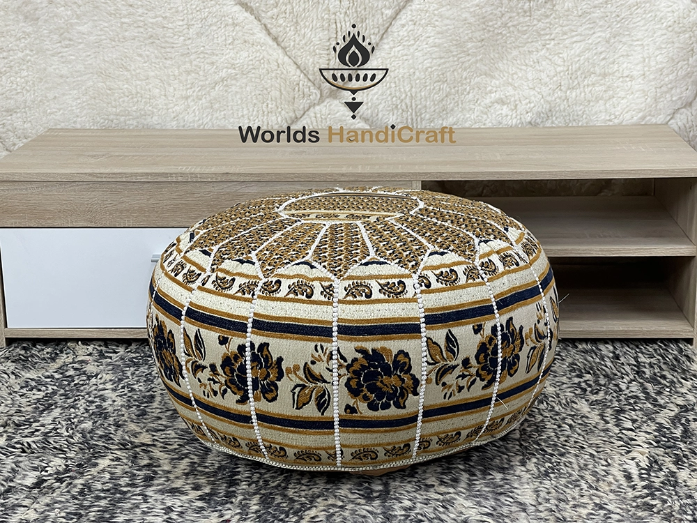 Moroccan Colored Tissu Leather Pouf In Living Room