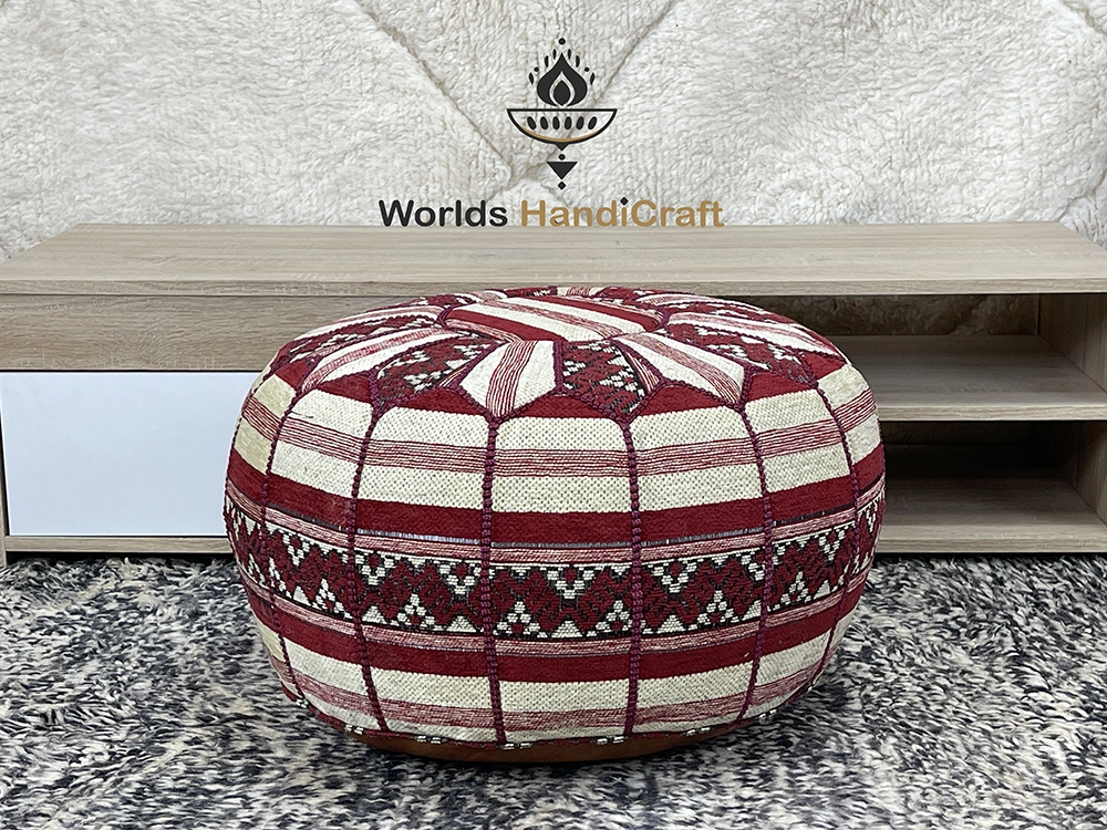 Moroccan Red Multi-Color Tissu Leather Floor Pouf Ottoman