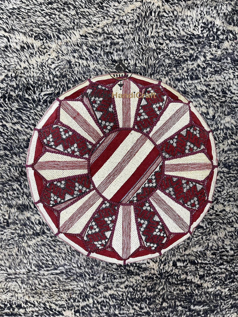 Moroccan Red Multi-Color Tissu Leather Floor Pouf Ottoman