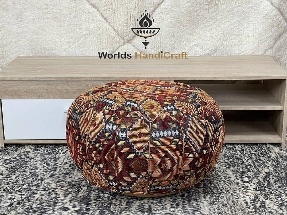 Red Moroccan Multi-Color Tissu Leather Floor Pouf Ottoman