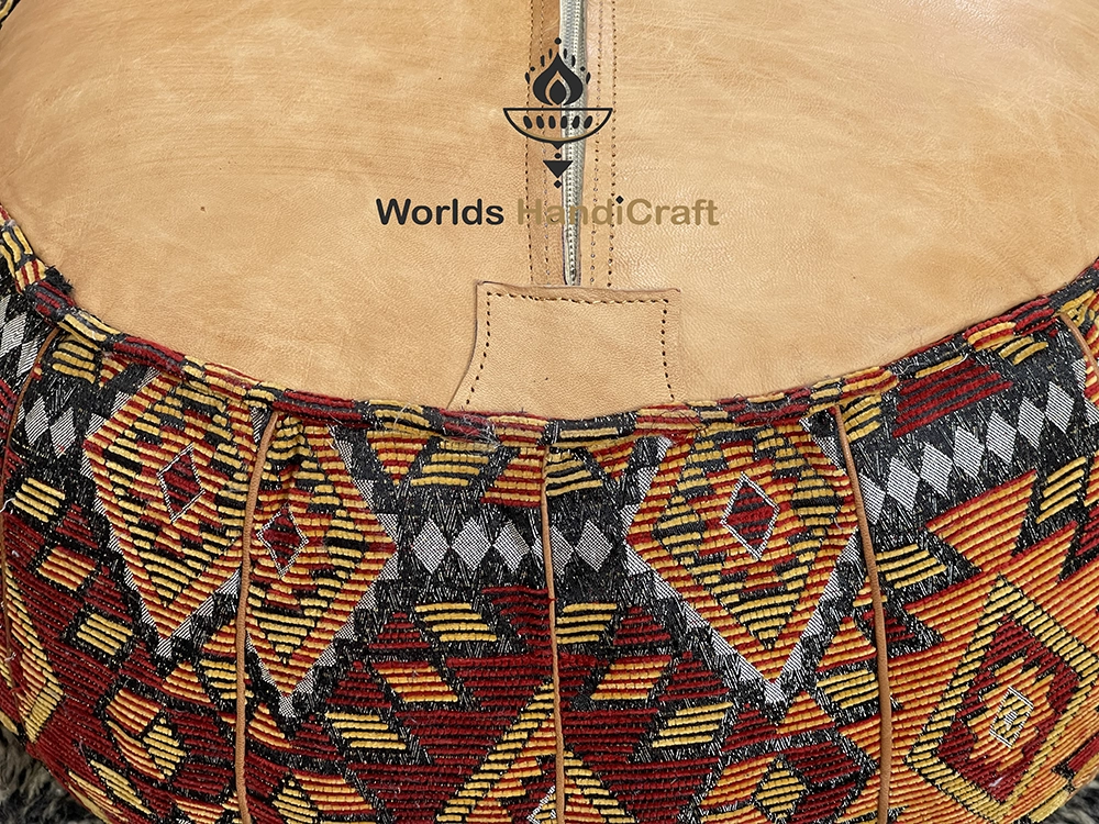 Red Moroccan Multi-Color Tissu Leather Floor Pouf Ottoman