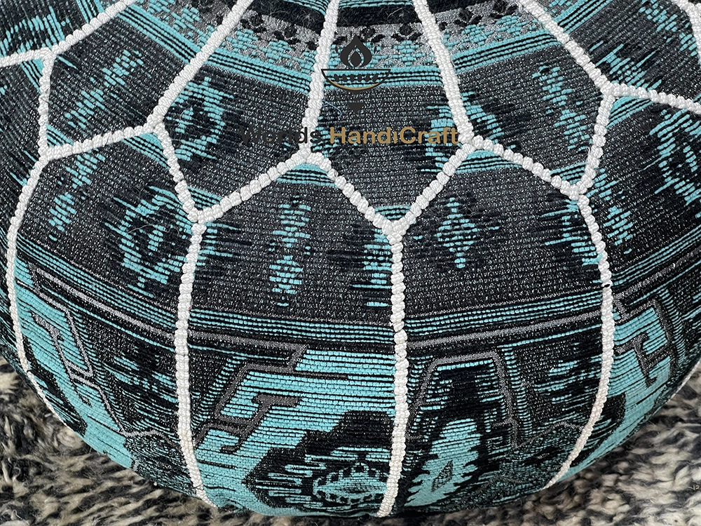 Moroccan Blue  Tissu Leather Pouf In Living Room