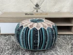 A3 -| Blue Tissu Genuine Leather Moroccan embroidered  Leather Pouf