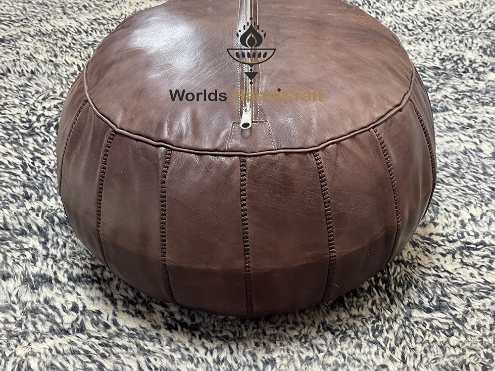 Embroidered  Chokolate Moroccan Leather Pouf