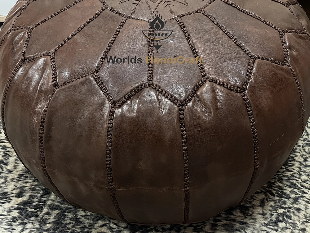 Embroidered  Chokolate Moroccan Leather Pouf