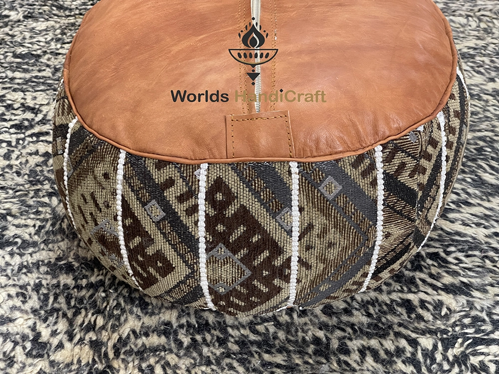 Colored Genuine Leather Tissu Moroccan Pouf