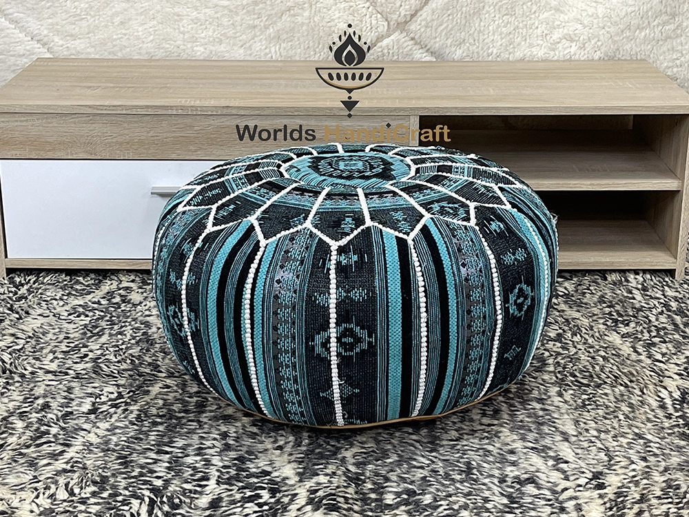 Moroccan Blue Tissu Leather Pouf In Living Room