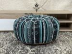 Moroccan Blue Tissu Leather Pouf In Living Room
