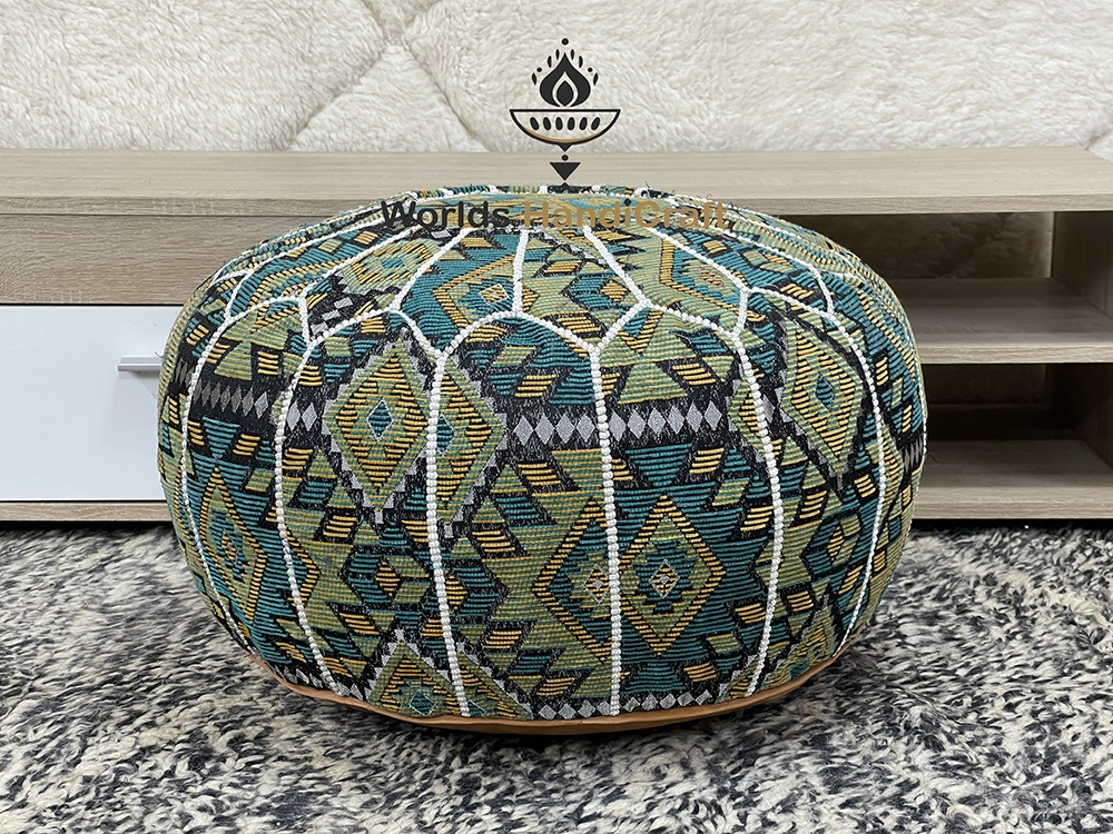 Moroccan Colored Tissu Leather Pouf In Living Room